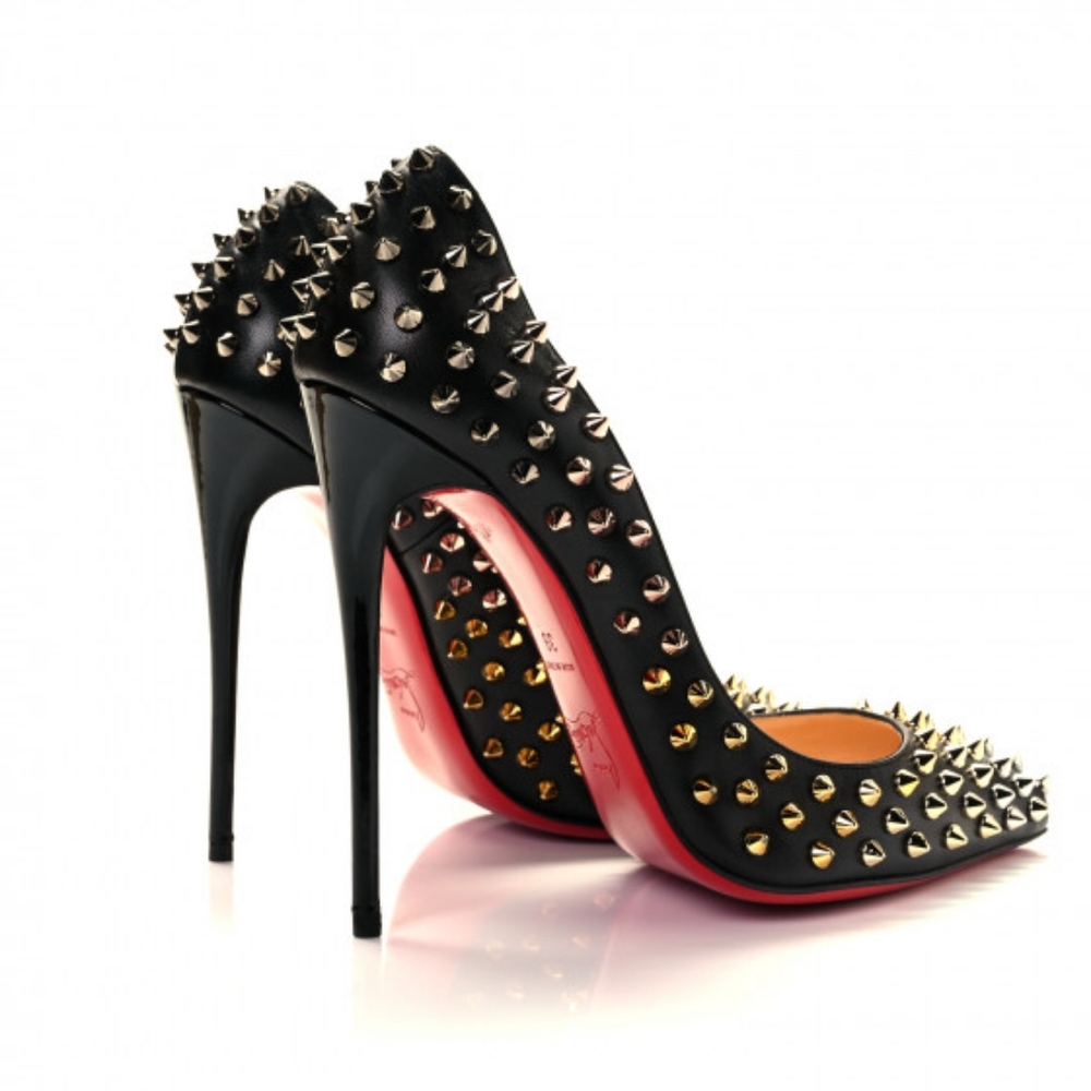 Christian Louboutin Kid Patent Follies Spikes 120 Pumps 39 Black and Gold Heels - Picture 3 of 6